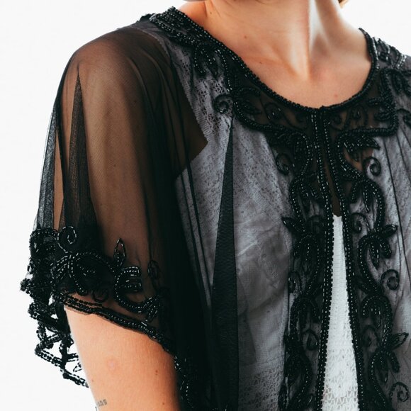 Beaded special occasion shrug / Black evening capelet / Sequin Poncho - Picture 3 of 5